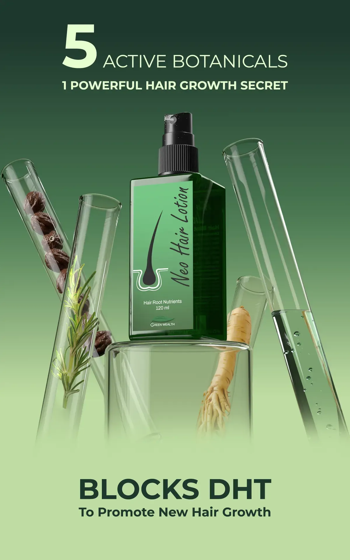 Neo Hair Lotion Neo Hair Lotion 120 ml scalp spray with botanical extracts in laboratory glassware — five active botanicals that help block DHT