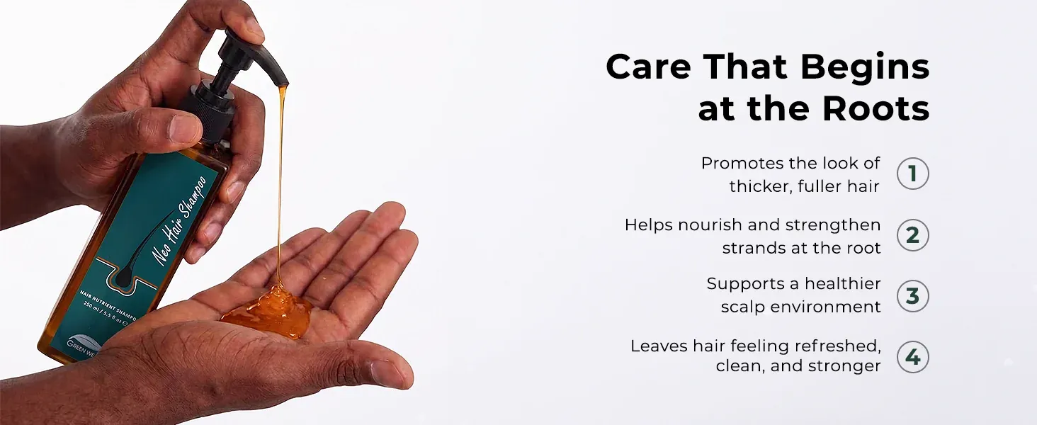 Amber shampoo poured into a palm — care that begins at the roots