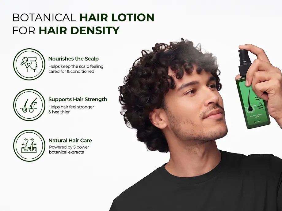 Neo Hair Lotion banner showing how the spray reaches the scalp rather than the lengths