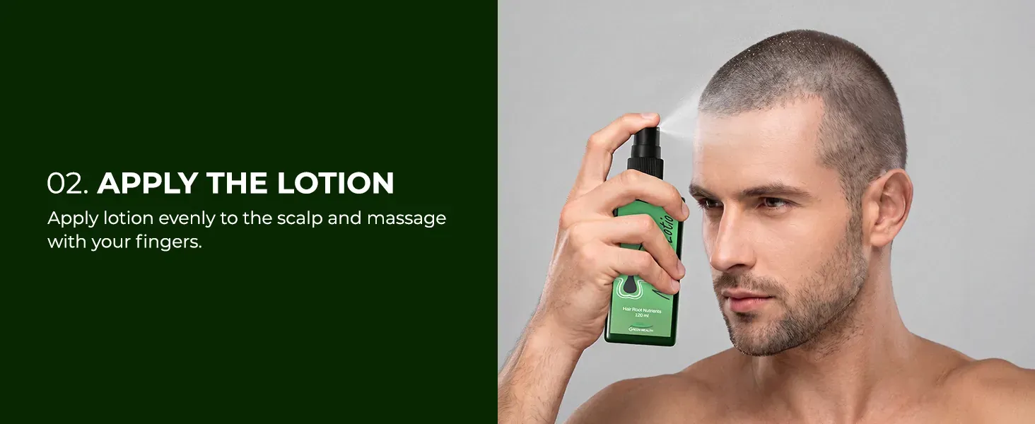 Neo Hair Lotion routine banner — step two, apply 10–15 sprays to a dry scalp